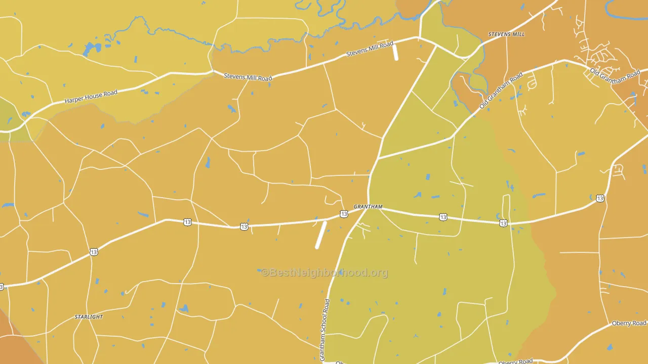 Map of the best neighborhoods in the Grantham area, with better matches in green and worse matches in red