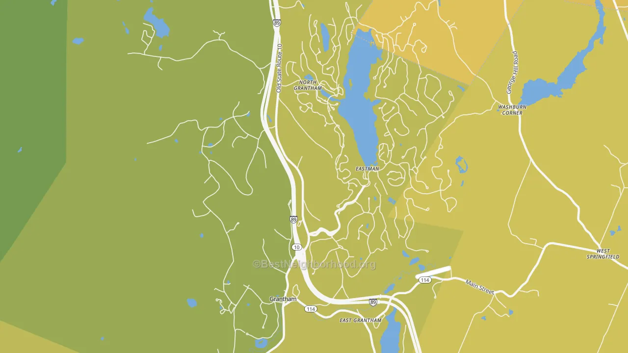 Map of the best neighborhoods in the Grantham area, with better matches in green and worse matches in red
