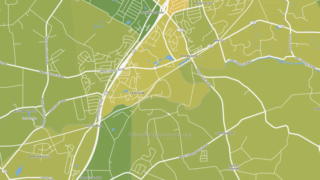 Map of the best neighborhoods in the Grantham area, with better matches in green and worse matches in red