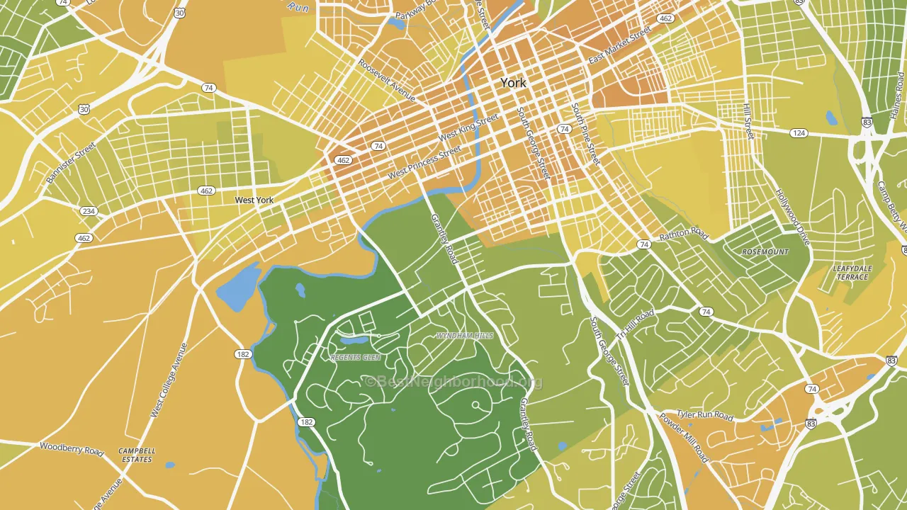 Map of the best neighborhoods in the Grantley, York area, with better matches in green and worse matches in red