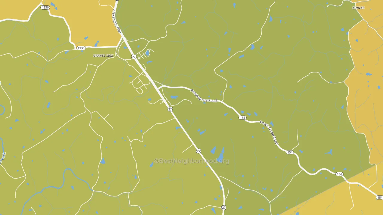 Map of the best neighborhoods in the Grants Lick area, with better matches in green and worse matches in red
