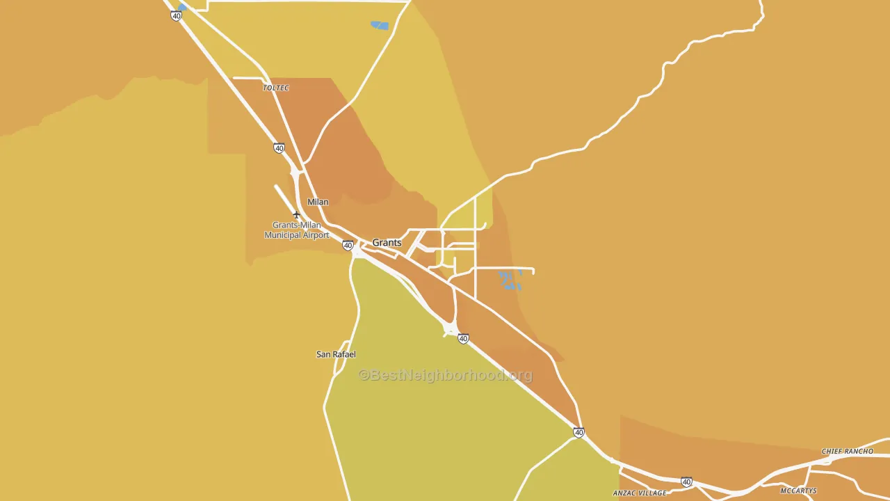 Map of the best neighborhoods in the Grants area, with better matches in green and worse matches in red