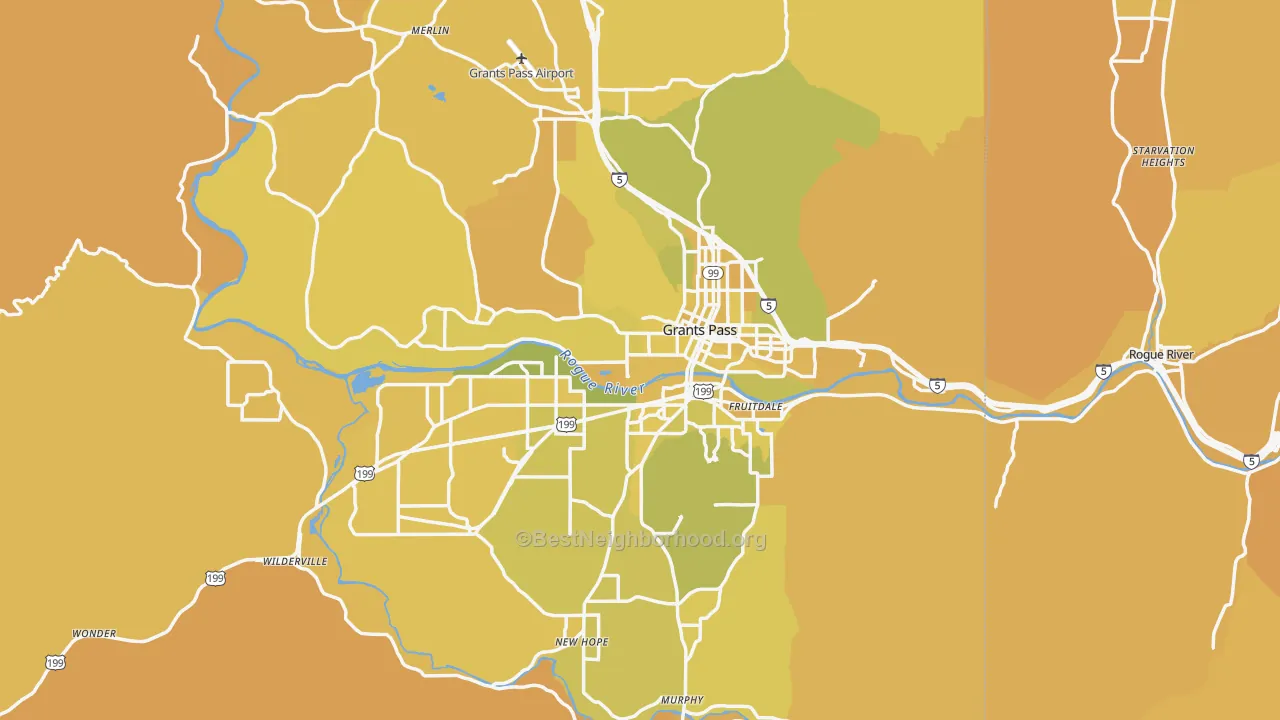 Map of the best neighborhoods in the Grants Pass Metro area, with better matches in green and worse matches in red