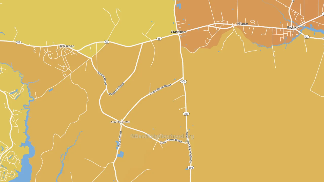 Map of the best neighborhoods in the Grantsboro area, with better matches in green and worse matches in red