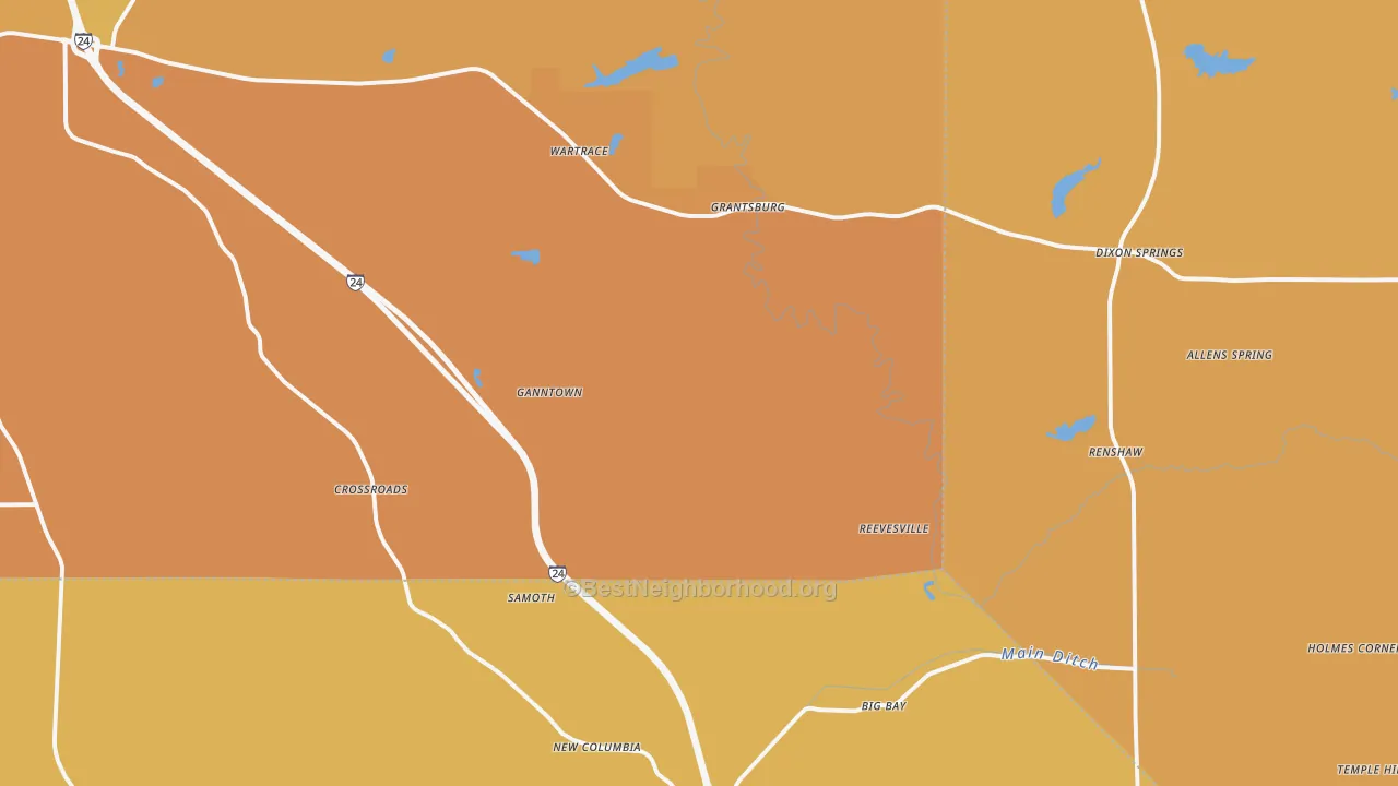 Map of the best neighborhoods in the Grantsburg area, with better matches in green and worse matches in red