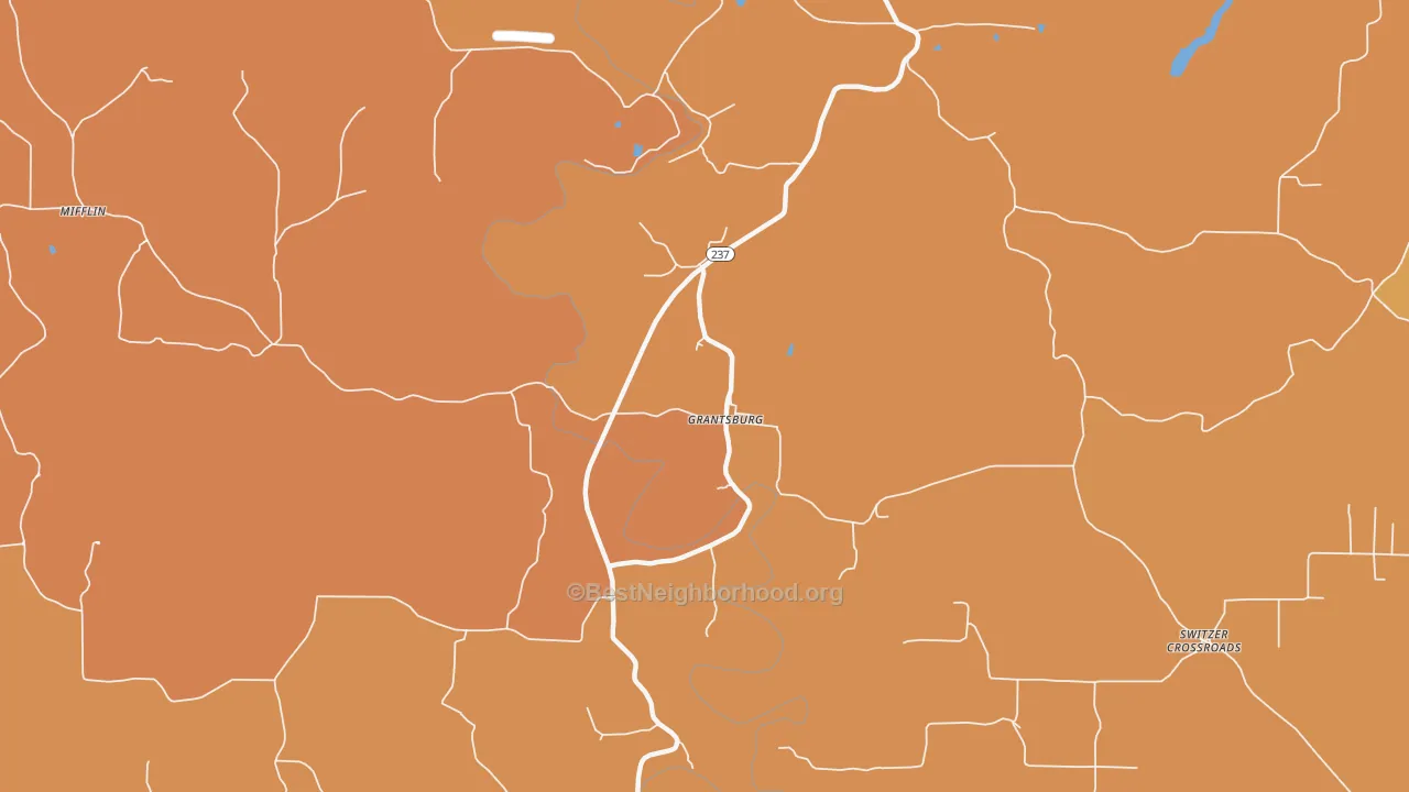Map of the best neighborhoods in the Grantsburg area, with better matches in green and worse matches in red