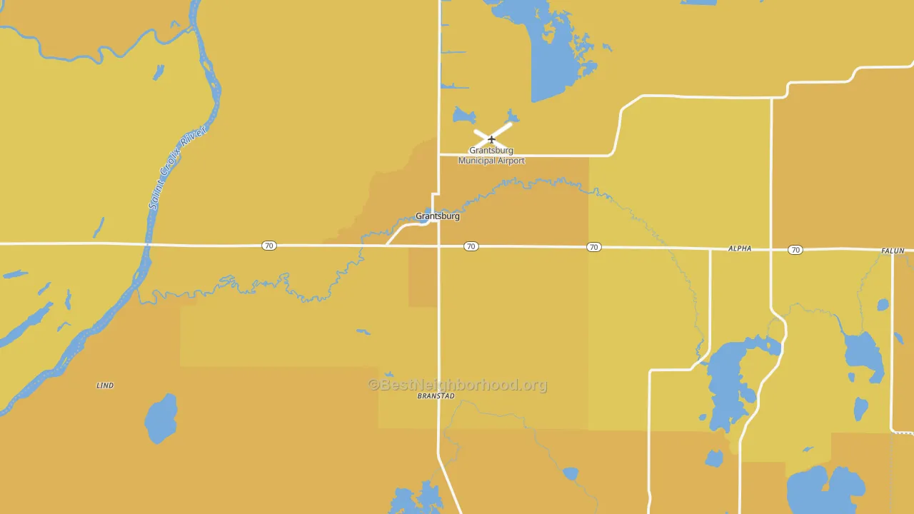 Map of the best neighborhoods in the Grantsburg area, with better matches in green and worse matches in red