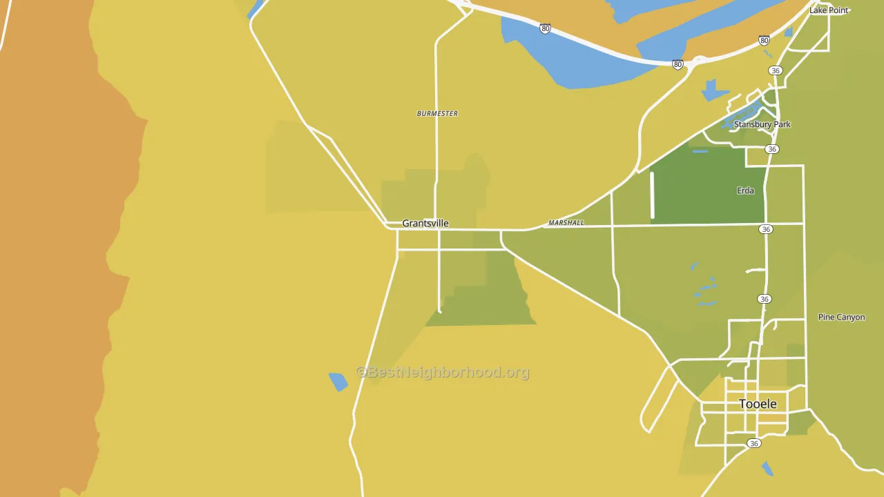 Map of the best neighborhoods in the Grantsville area, with better matches in green and worse matches in red