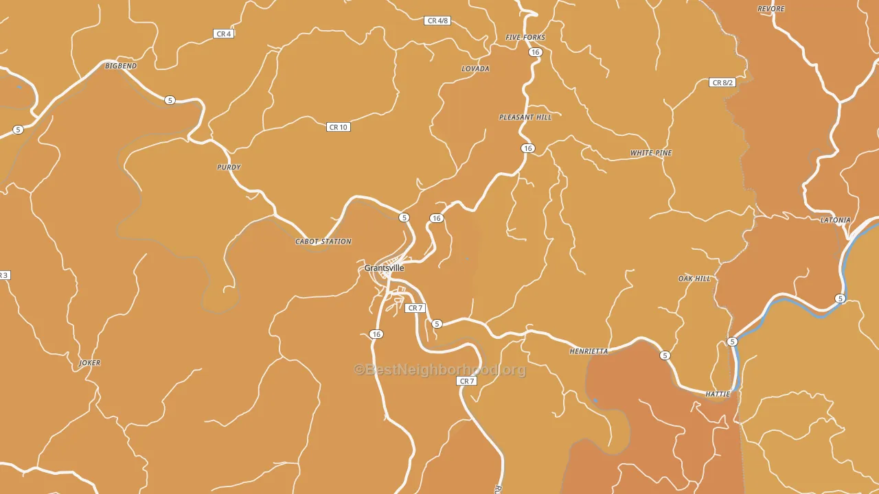Map of the best neighborhoods in the Grantsville area, with better matches in green and worse matches in red