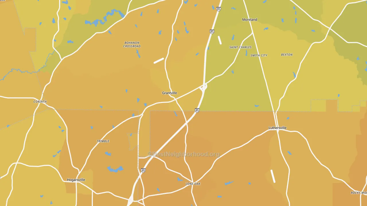 Map of the best neighborhoods in the Grantville area, with better matches in green and worse matches in red