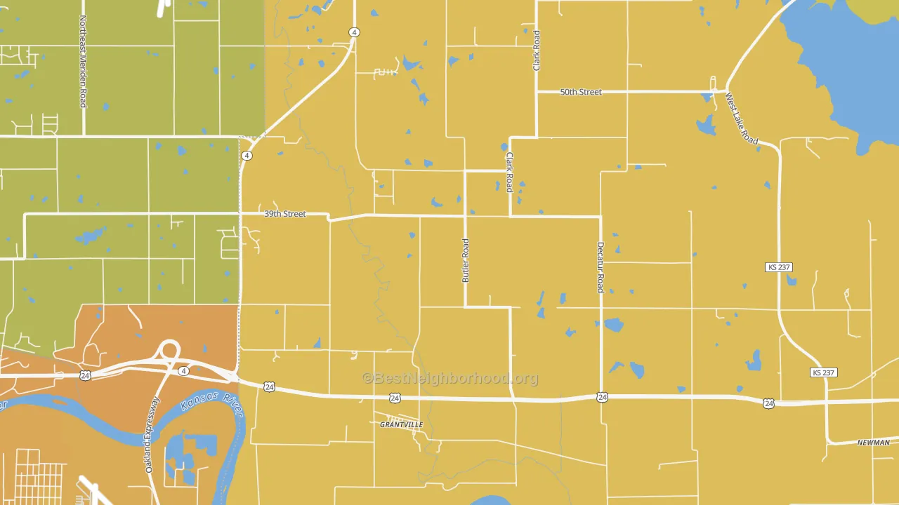 Map of the best neighborhoods in the Grantville area, with better matches in green and worse matches in red