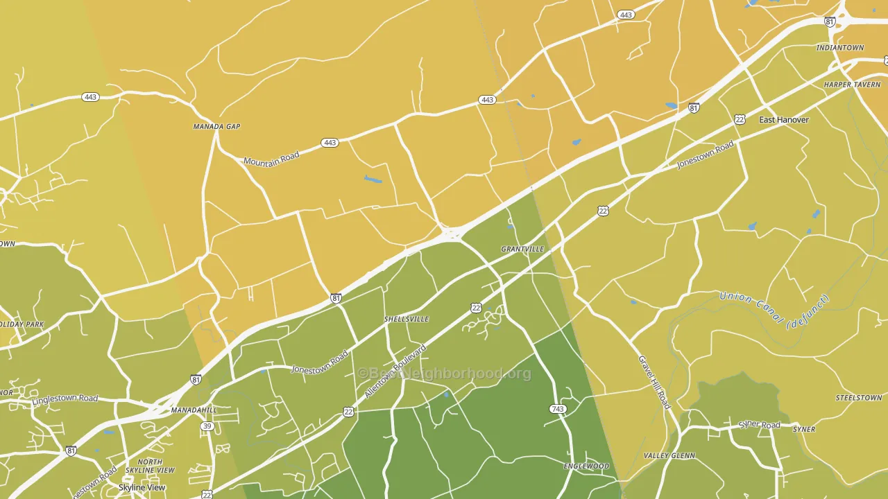 Map of the best neighborhoods in the Grantville area, with better matches in green and worse matches in red
