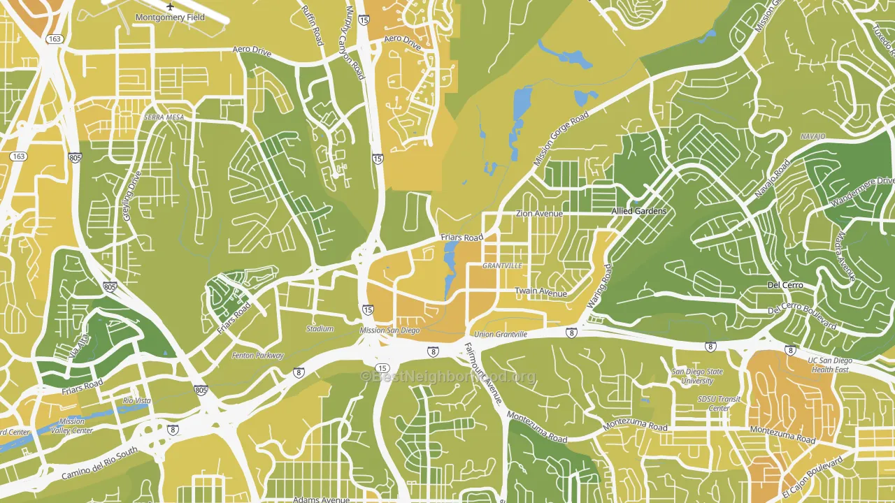 Map of the best neighborhoods in the Grantville, San Diego area, with better matches in green and worse matches in red