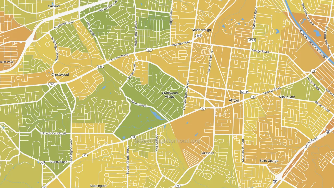 Map of the best neighborhoods in the Grantwood Village area, with better matches in green and worse matches in red