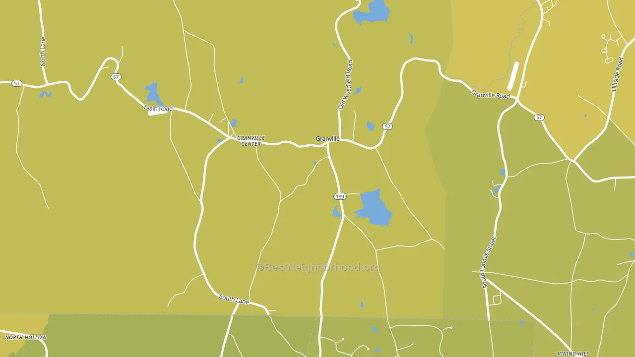 Map of the best neighborhoods in the Granville Center area, with better matches in green and worse matches in red