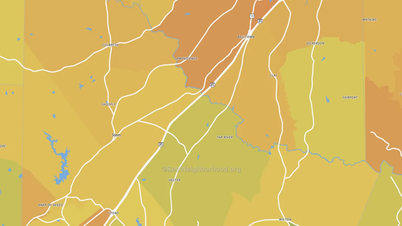 Map of the best neighborhoods in the Granville County area, with better matches in green and worse matches in red