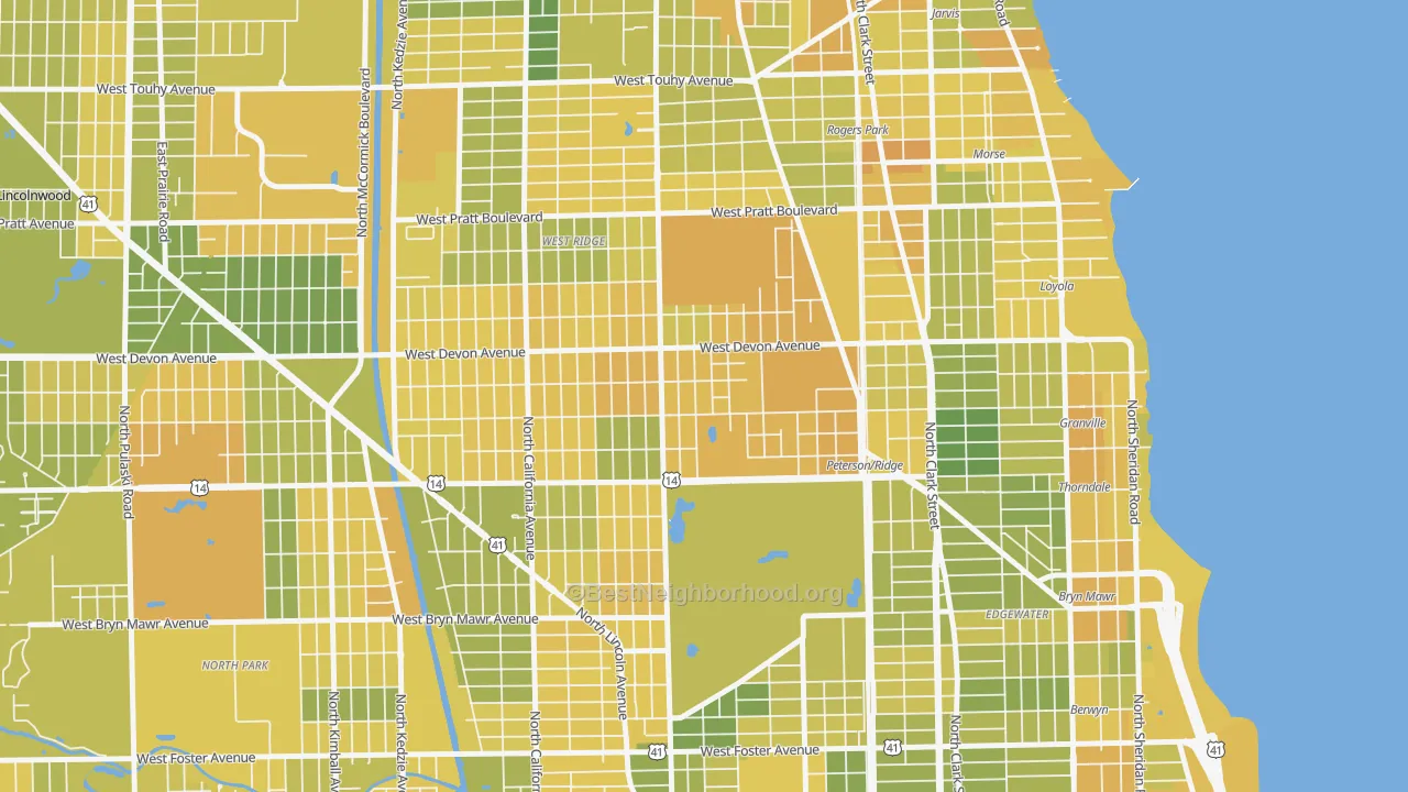 Map of the best neighborhoods in the Granville Gardens, Chicago area, with better matches in green and worse matches in red
