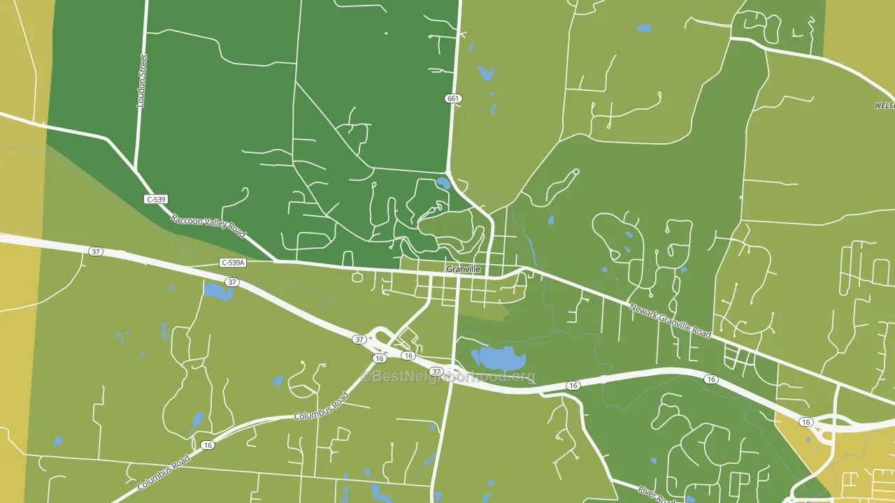 Map of the best neighborhoods in the Granville Historic District, Granville area, with better matches in green and worse matches in red