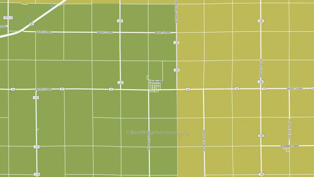 Map of the best neighborhoods in the Granville area, with better matches in green and worse matches in red