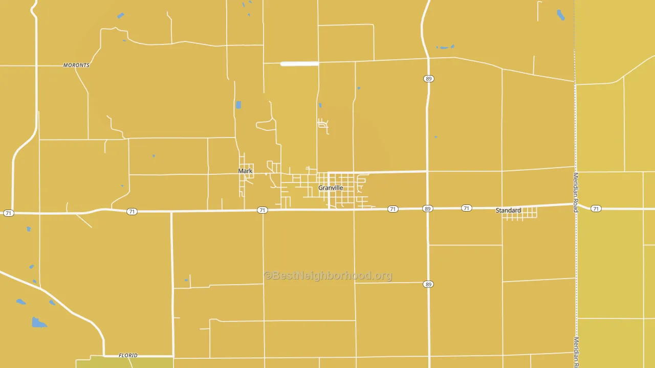 Map of the best neighborhoods in the Granville area, with better matches in green and worse matches in red