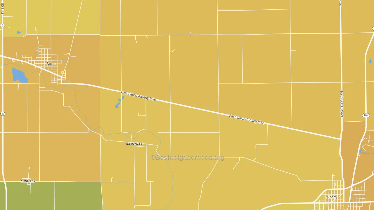 Map of the best neighborhoods in the Granville area, with better matches in green and worse matches in red