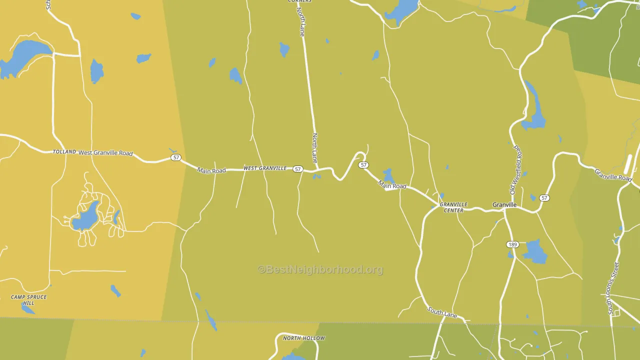 Map of the best neighborhoods in the Granville area, with better matches in green and worse matches in red
