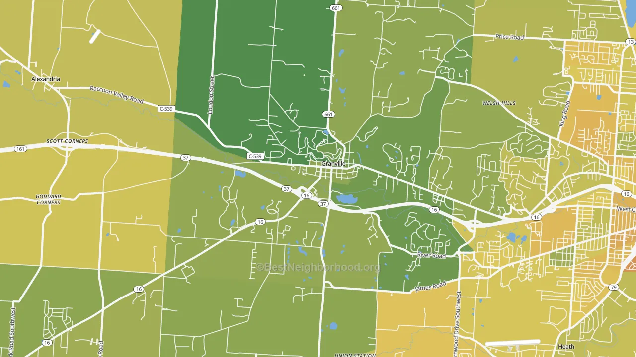 Map of the best neighborhoods in the Granville area, with better matches in green and worse matches in red