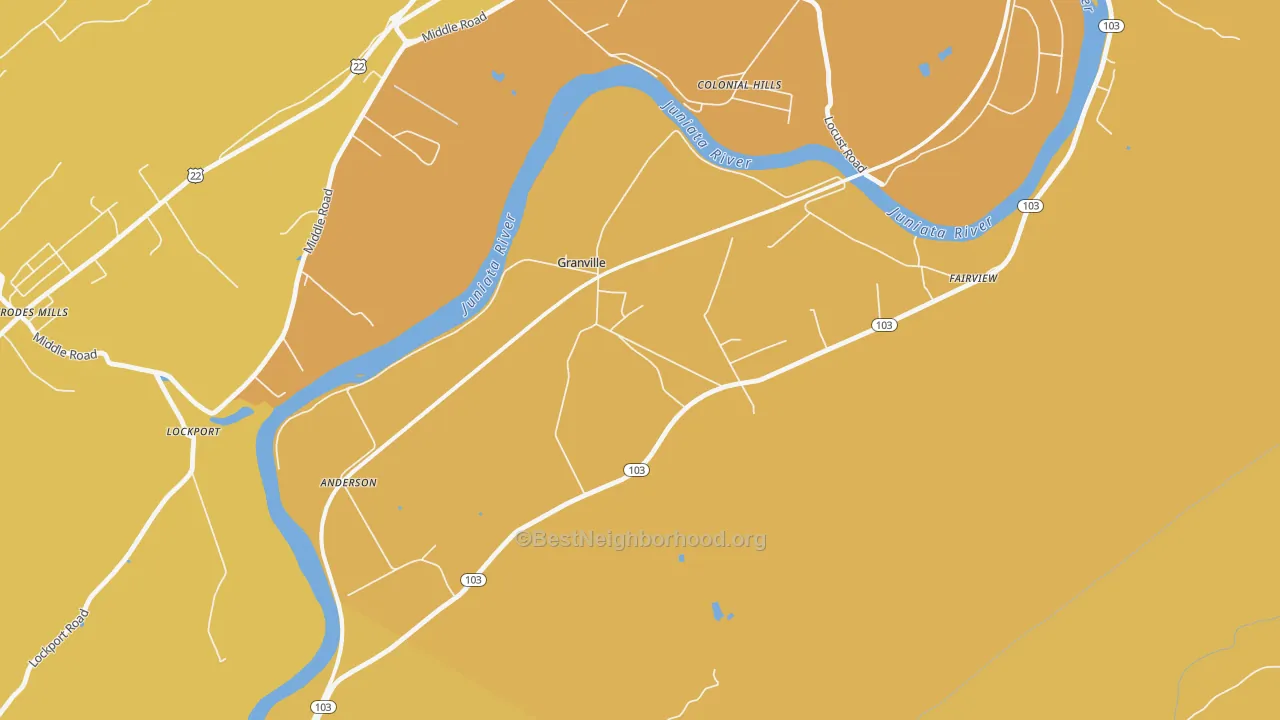 Map of the best neighborhoods in the Granville area, with better matches in green and worse matches in red