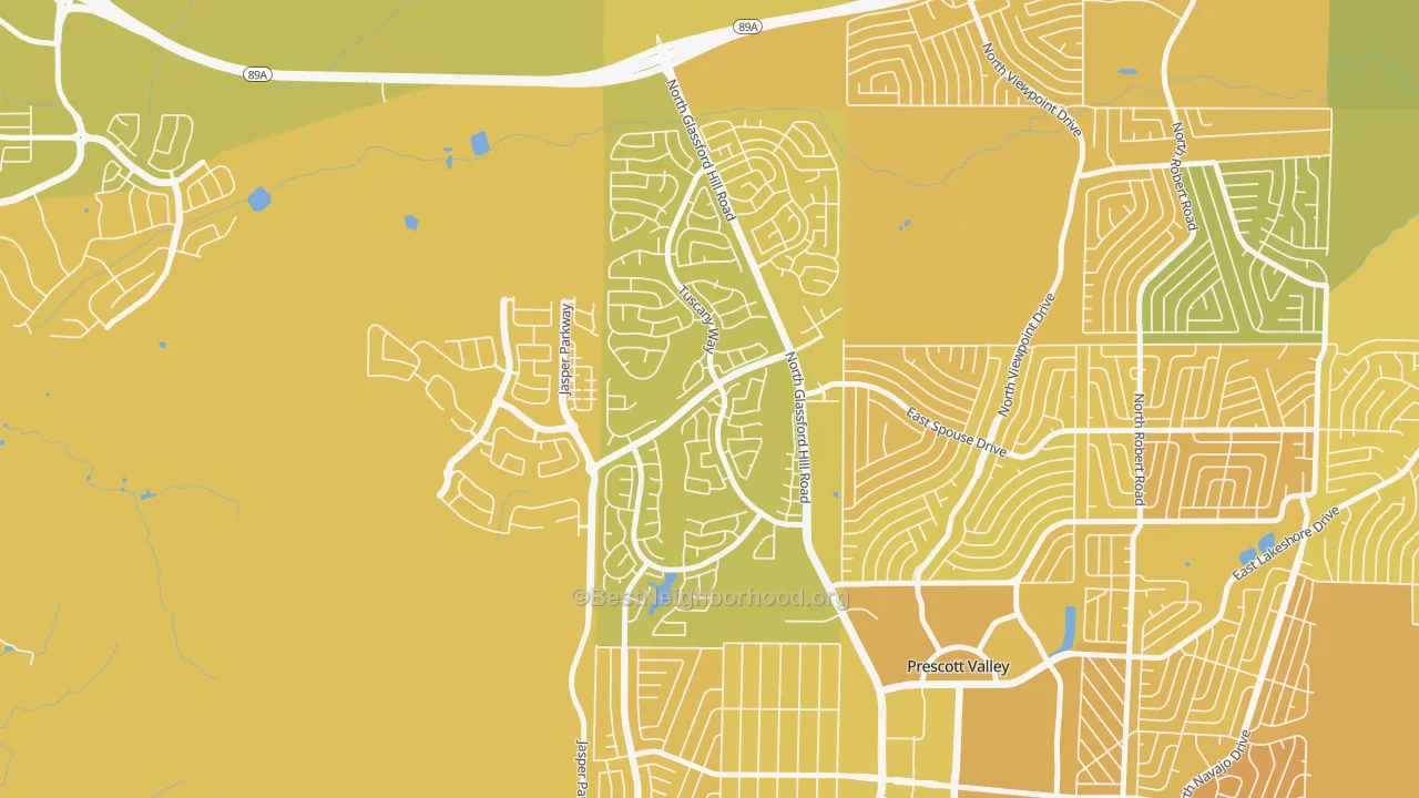 Map of the best neighborhoods in the Granville, Prescott Valley area, with better matches in green and worse matches in red