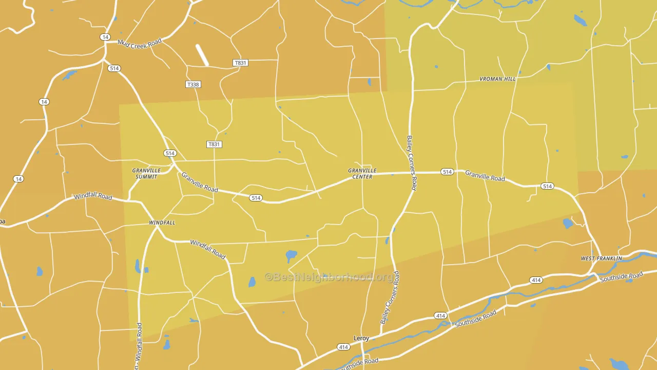 Map of the best neighborhoods in the Granville Summit area, with better matches in green and worse matches in red