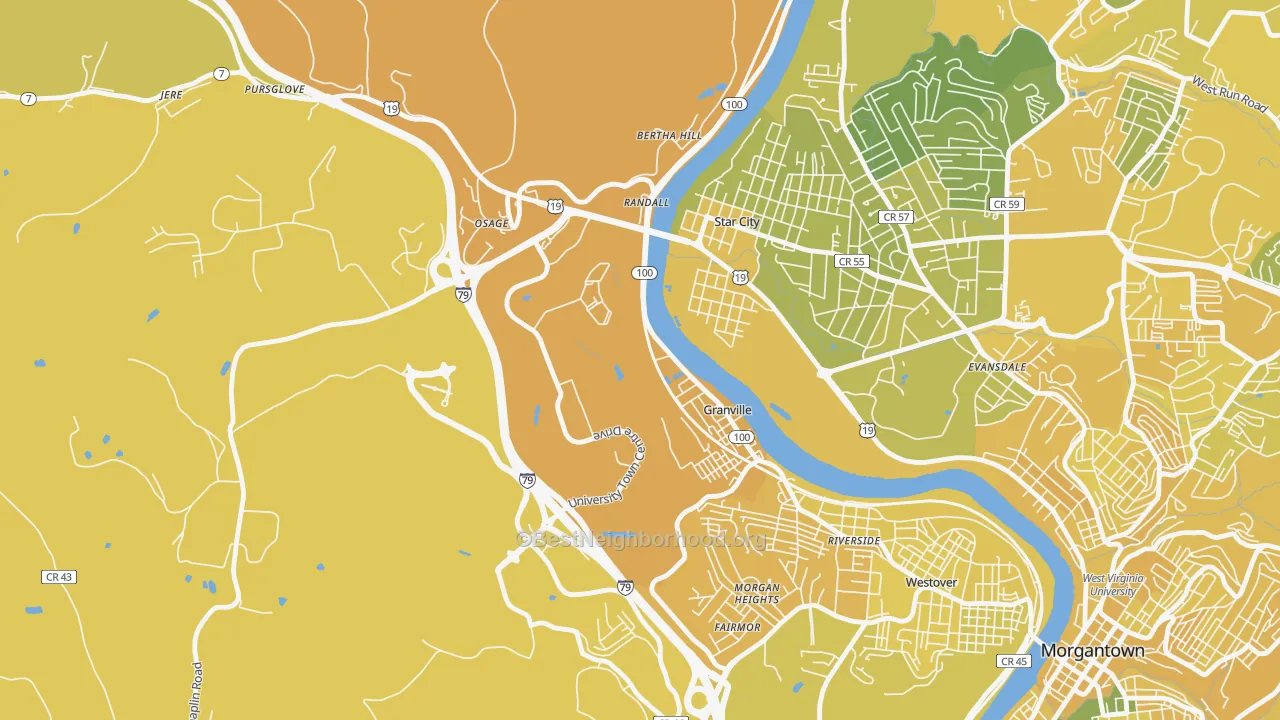 Map of the best neighborhoods in the Granville area, with better matches in green and worse matches in red