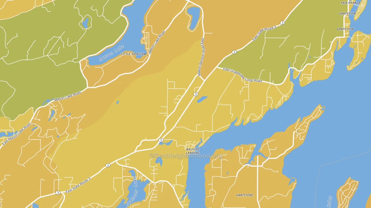 Map of the best neighborhoods in the Grapeview area, with better matches in green and worse matches in red