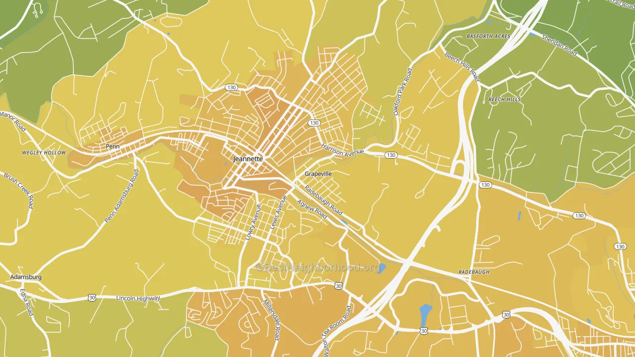 Map of the best neighborhoods in the Grapeville area, with better matches in green and worse matches in red