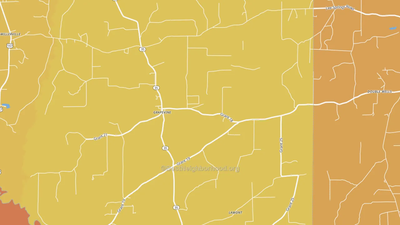 Map of the best neighborhoods in the Grapevine area, with better matches in green and worse matches in red
