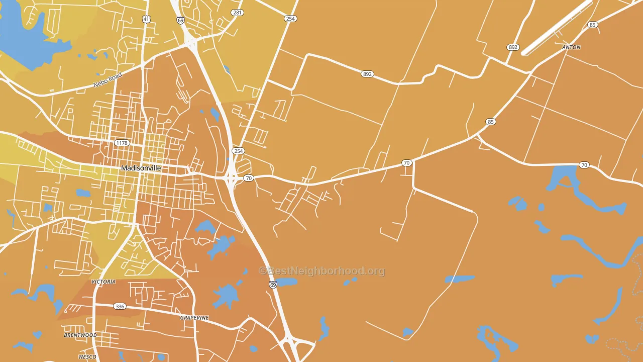 Map of the best neighborhoods in the Grapevine area, with better matches in green and worse matches in red