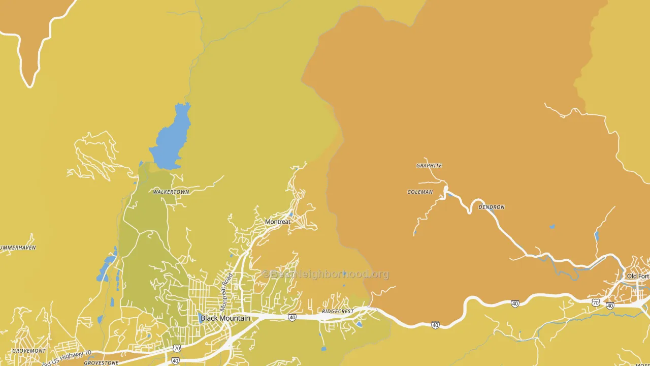 Map of the best neighborhoods in the Graphite area, with better matches in green and worse matches in red