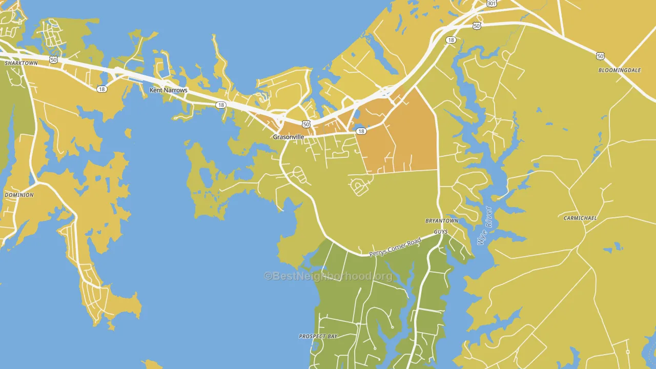 Map of the best neighborhoods in the Grasonville area, with better matches in green and worse matches in red