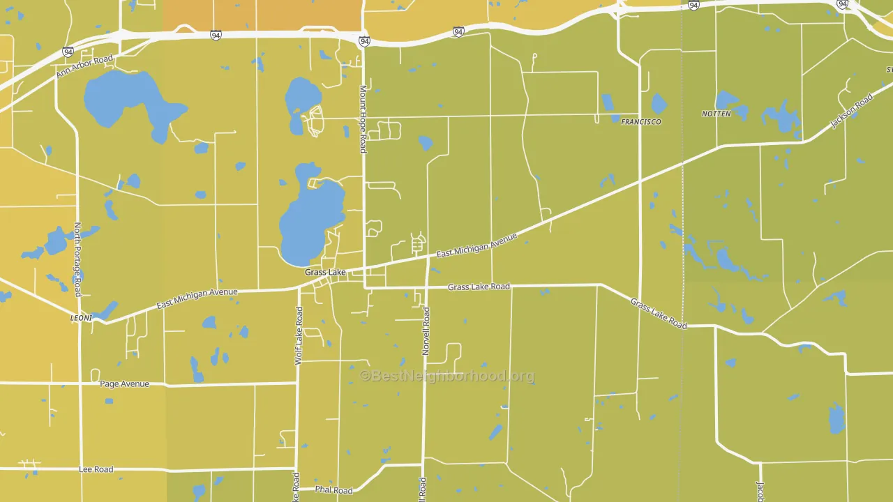 Map of the best neighborhoods in the Grass Lake area, with better matches in green and worse matches in red