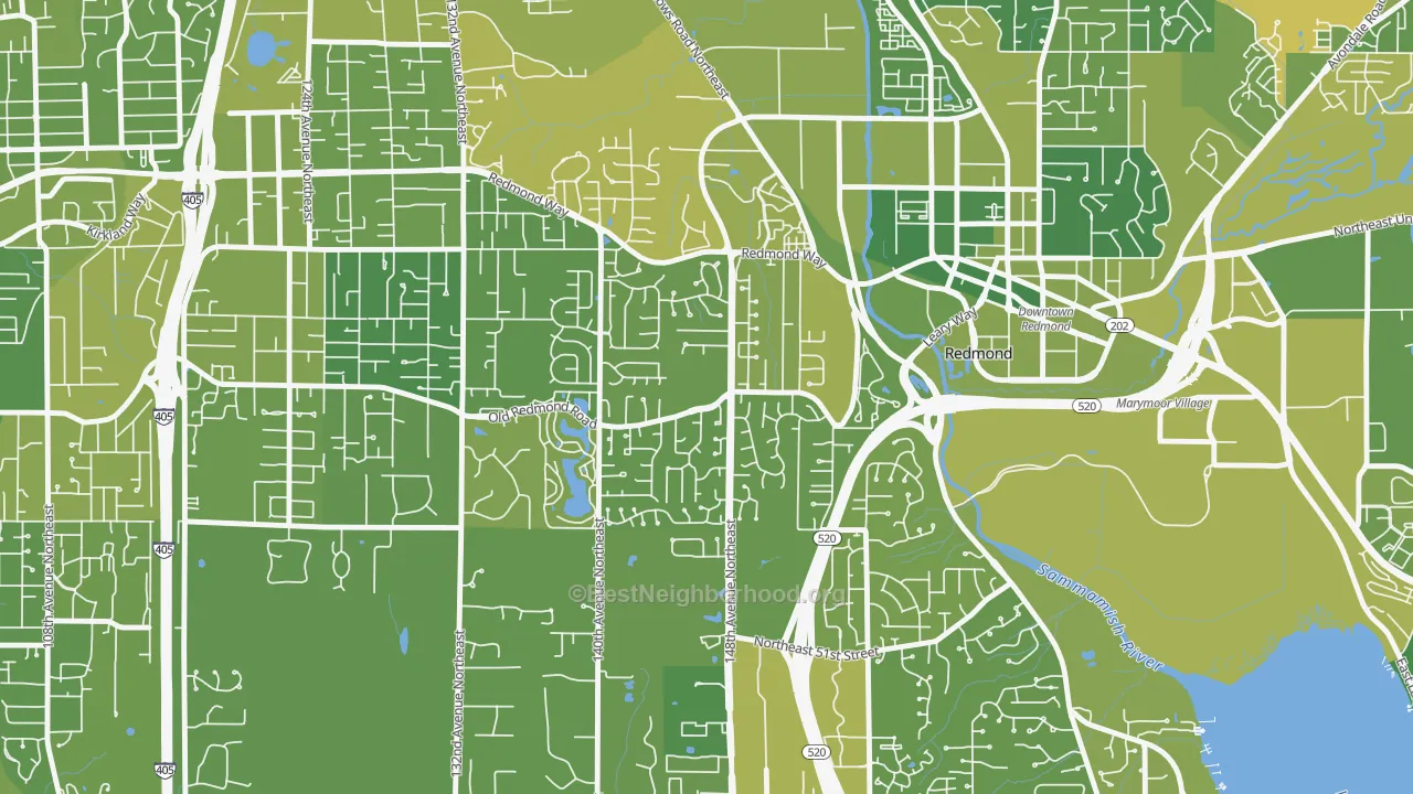 Map of the best neighborhoods in the Grass Lawn, Redmond area, with better matches in green and worse matches in red