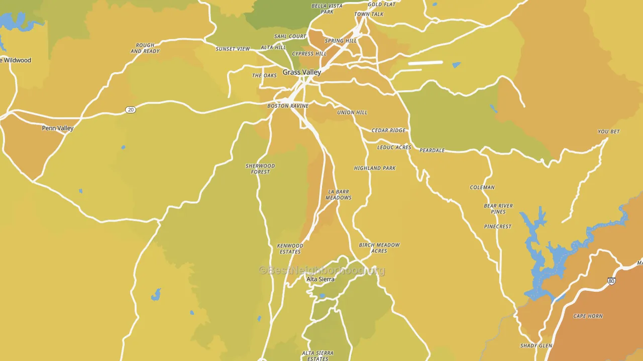 Map of the best neighborhoods in the Grass Valley area, with better matches in green and worse matches in red