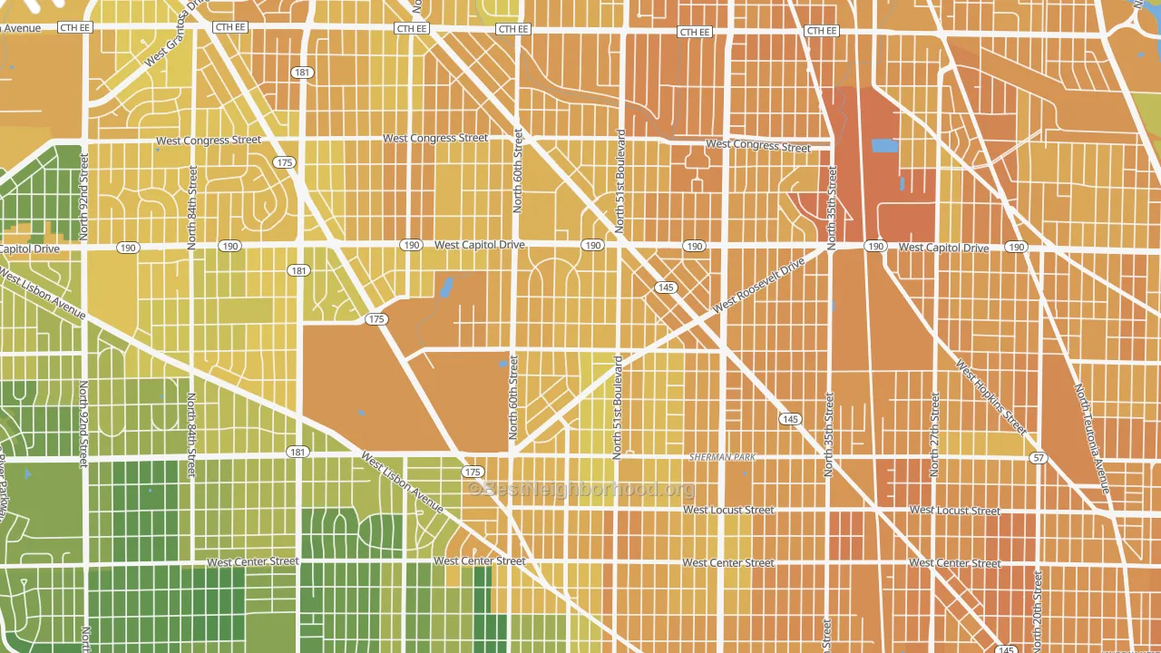 Map of the best neighborhoods in the Grasslyn Manor, Milwaukee area, with better matches in green and worse matches in red