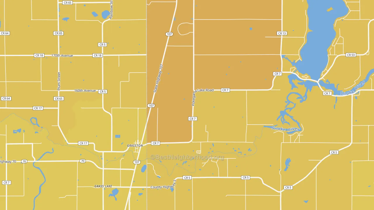 Map of the best neighborhoods in the Grasston area, with better matches in green and worse matches in red