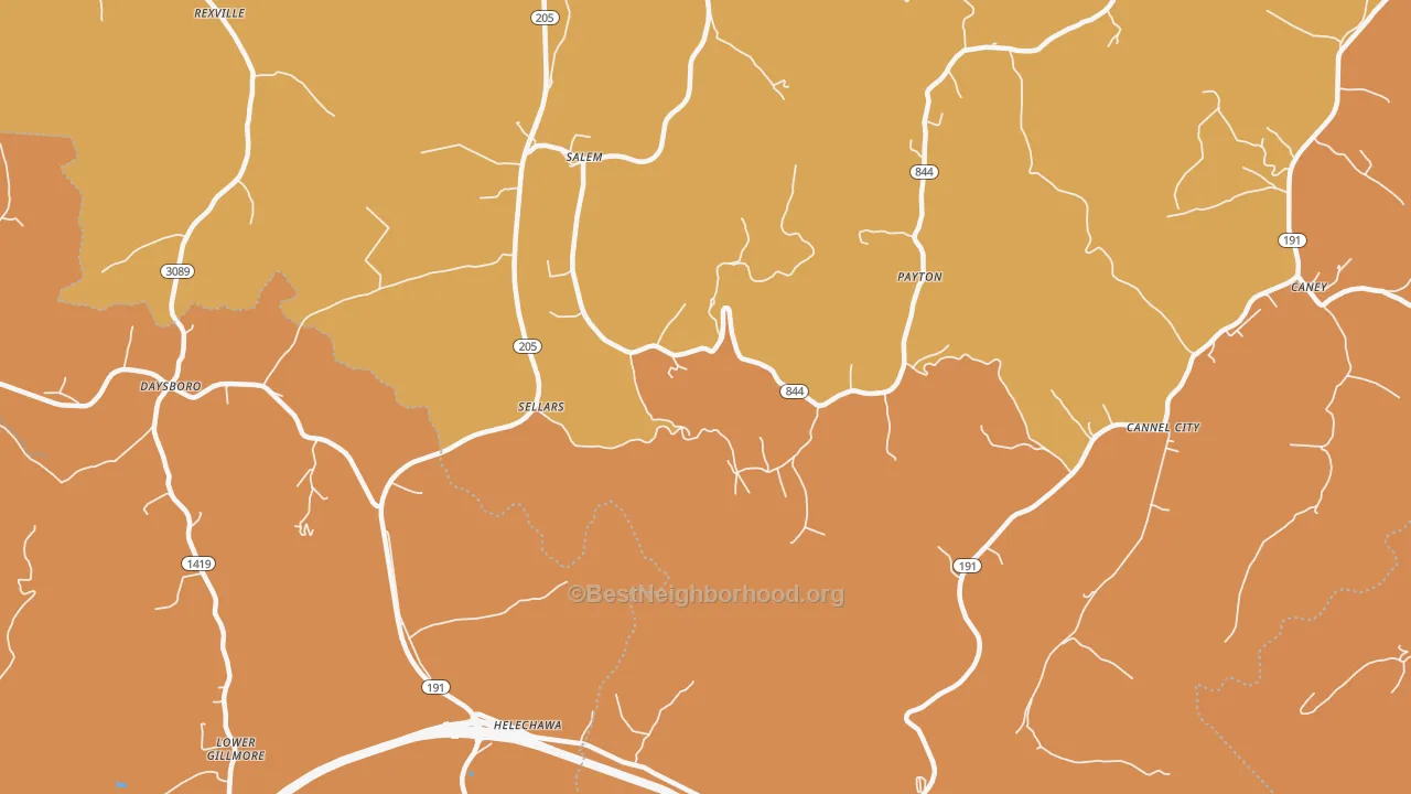 Map of the best neighborhoods in the Grassy Creek area, with better matches in green and worse matches in red