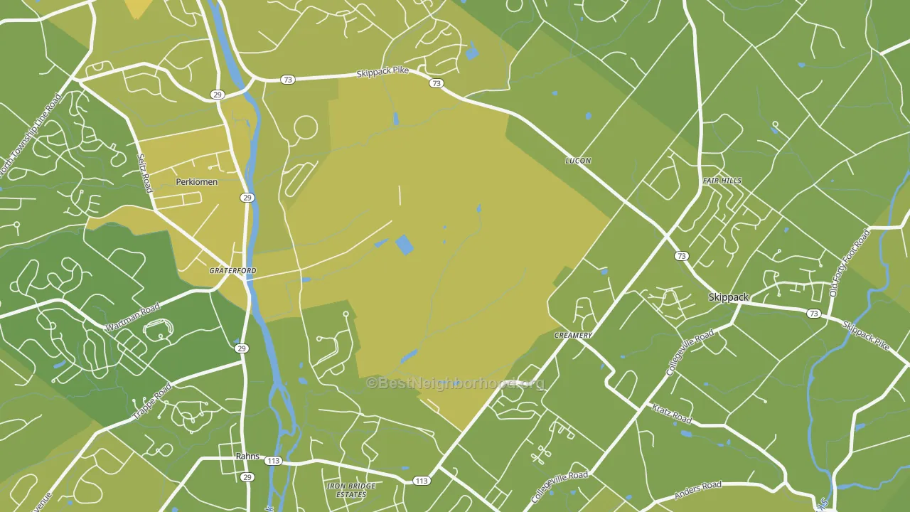 Map of the best neighborhoods in the Graterford area, with better matches in green and worse matches in red
