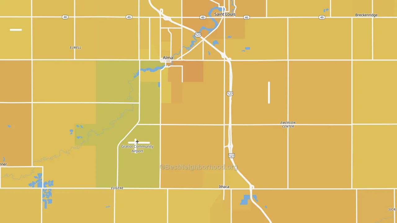 Map of the best neighborhoods in the Gratiot County area, with better matches in green and worse matches in red