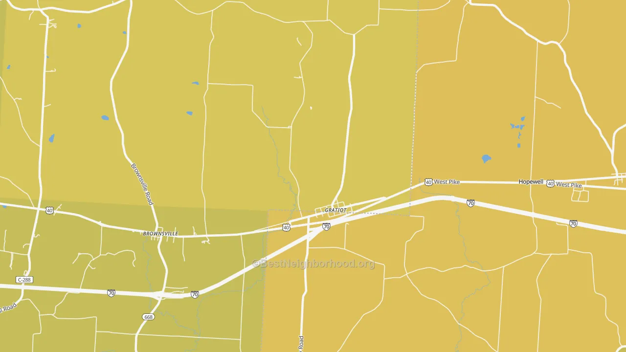 Map of the best neighborhoods in the Gratiot area, with better matches in green and worse matches in red