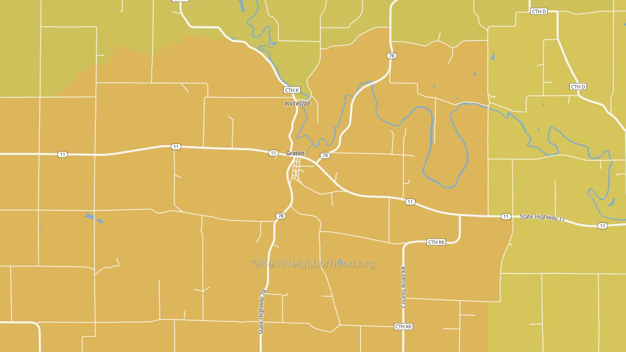 Map of the best neighborhoods in the Gratiot area, with better matches in green and worse matches in red