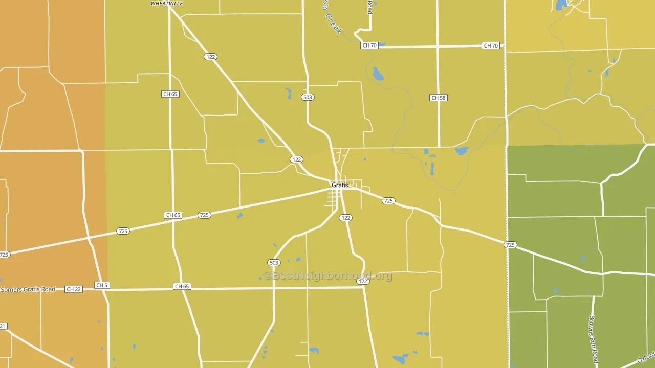 Map of the best neighborhoods in the Gratis area, with better matches in green and worse matches in red