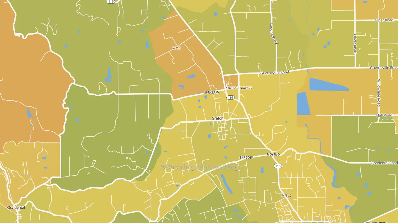 Map of the best neighborhoods in the Graton area, with better matches in green and worse matches in red
