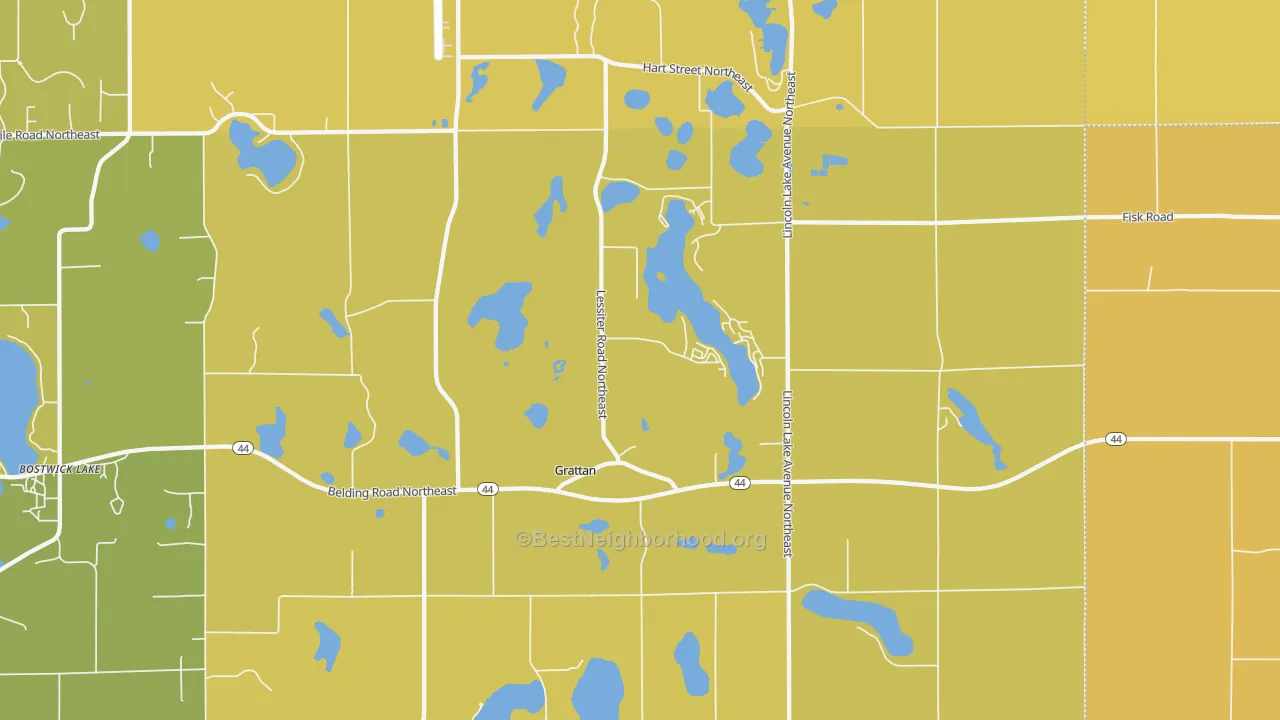 Map of the best neighborhoods in the Grattan area, with better matches in green and worse matches in red
